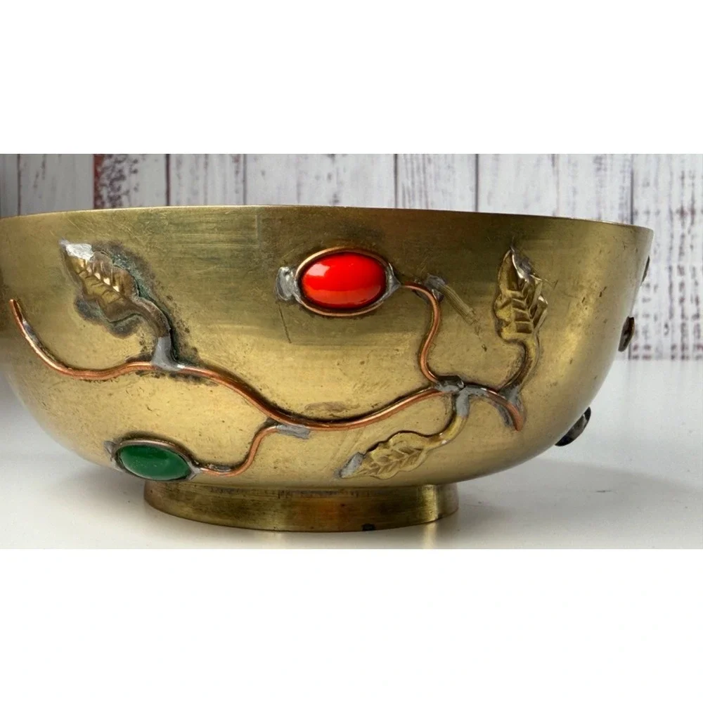 Antique Chinese Bowl Cloisonne Brass/Enamel w/semi precious stones